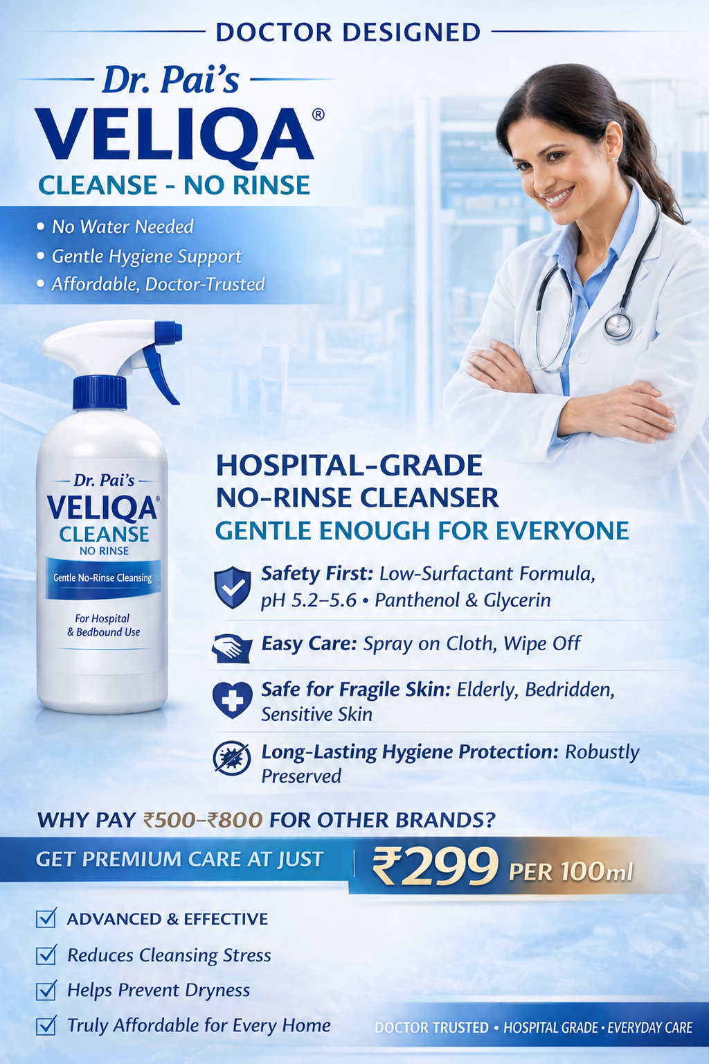 VELIQA Cleanse No-Rinse Cleanser — Hospital-Grade Waterless Body Cleanser for Elderly Care
