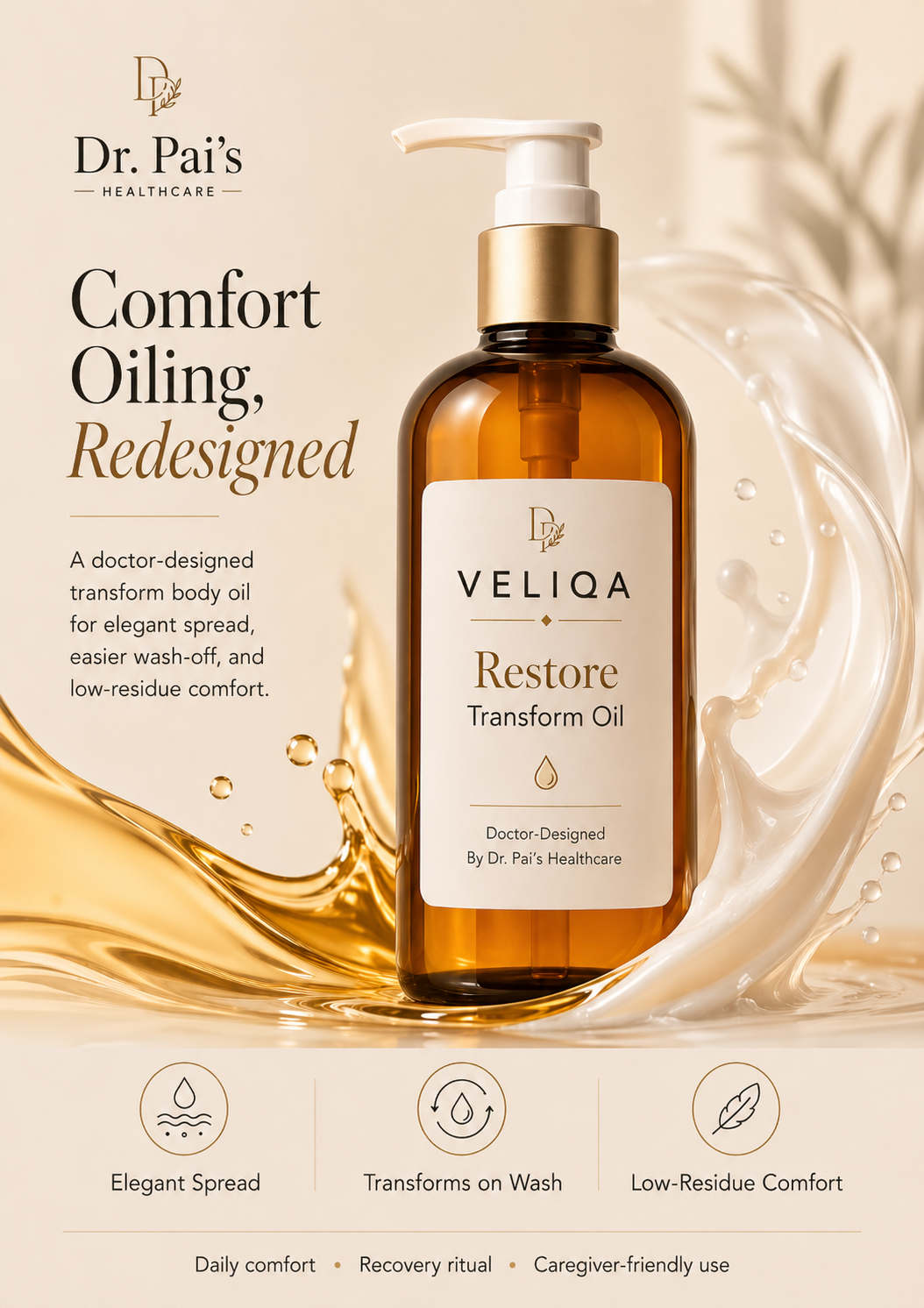 VELIQA Restore Transform Oil — Recovery Body Oil for Daily Comfort and Caregiver Use