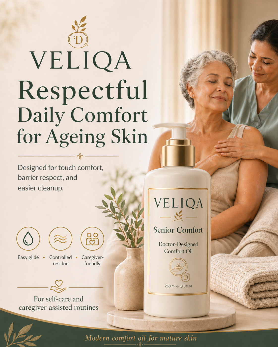 VELIQA Senior Comfort Oil — Doctor-Designed Comfort Oil for Elderly Skin Care
